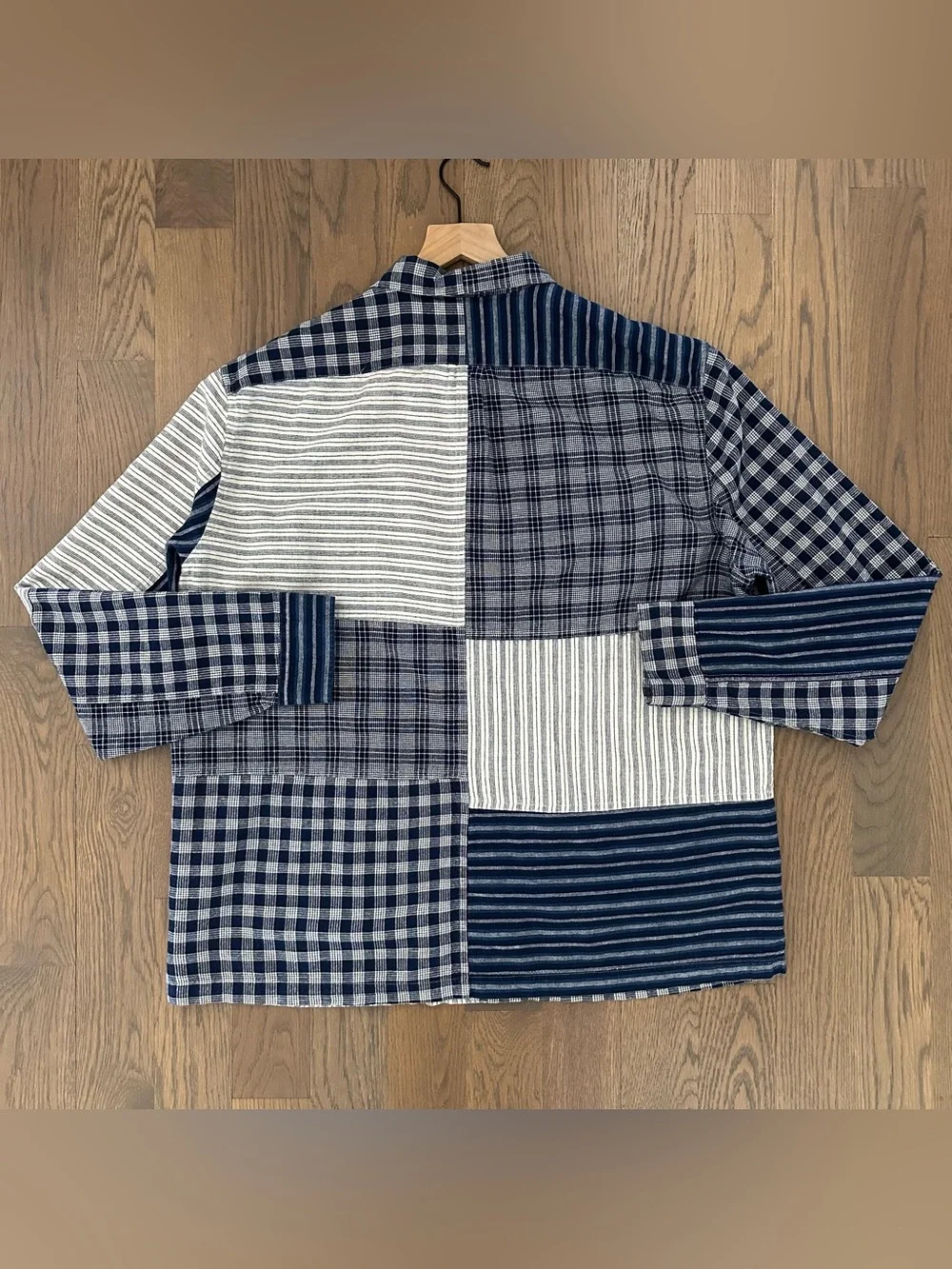 Wallace & Barnes Plaid Striped Patchwork Cotton Chore Coat Indigo Blue, White XL